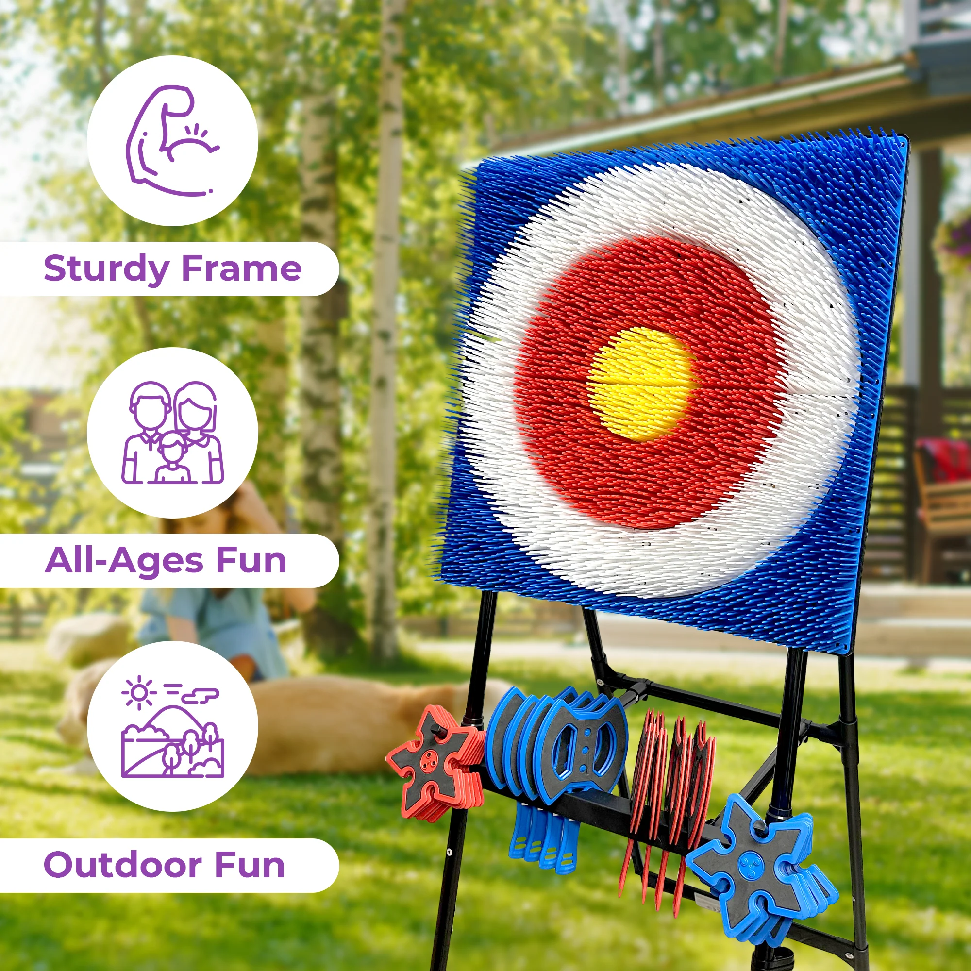 PlayMattix Axe Target Board- Axe Throwing Bristle Target with 8 Throwing Axes and 8 Stars Set- Perfect for Adults or Children - Image 5